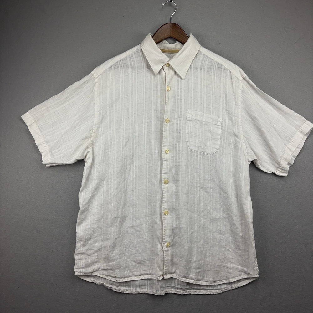 Tommy Bahama Shirt Mens XL White Striped Linen Short Sleeve Button-Up Casual